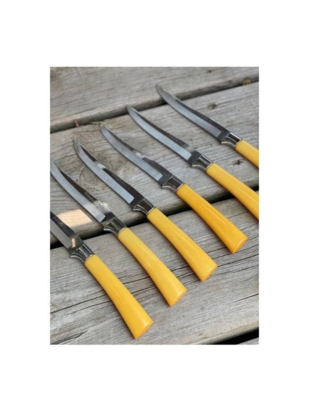 Vintage Bakelite Handle Steak Knife Set x 6 Butterscotch Washington Forge Steel